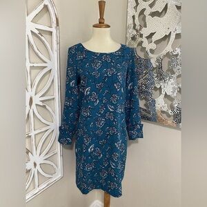 Banana Republic Teal Floral Print Long Sleeve Dress, Size 14